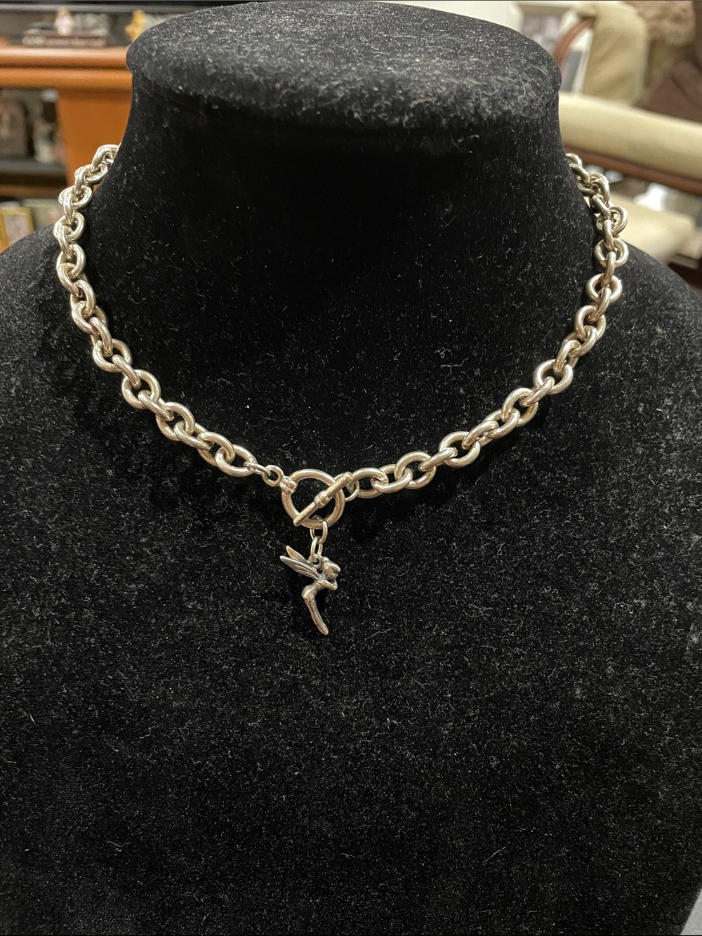Disney Silver Tone Chunky Chain Toggle Clasp Necklace with Tinker Bell Pendant